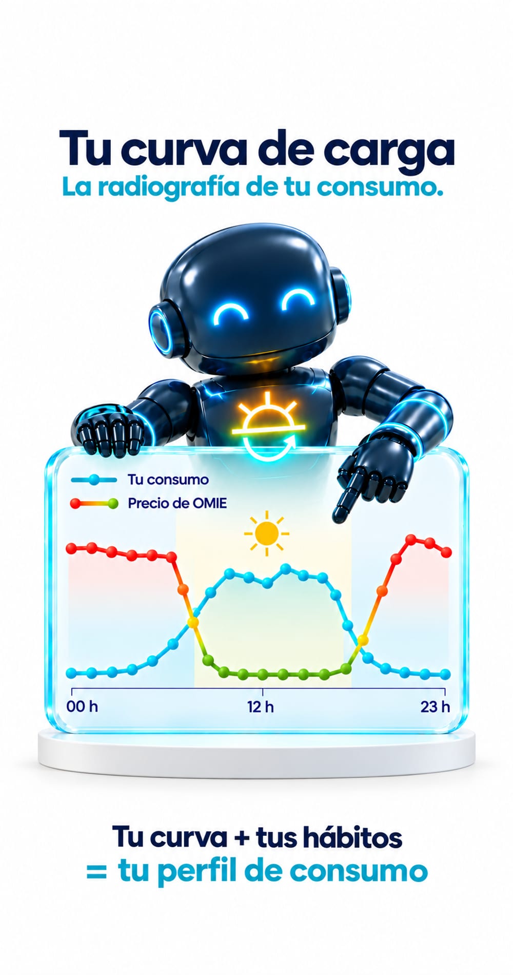 Tu curva de carga: la radiografía de tu consumo. Gráfica de tu consumo sobre el precio de OMIE. Tu curva más tus hábitos es tu perfil de consumo.
